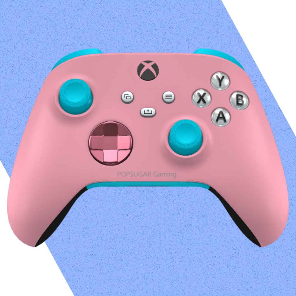 A pink and blue Xbox controller from the Xbox Design Lab.