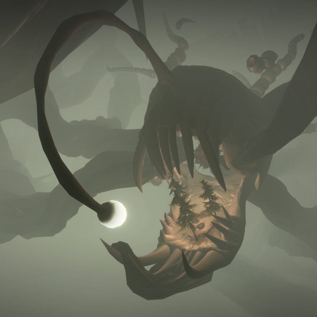 Approaching Feldspar in Dark Bramble in Outer Wilds.