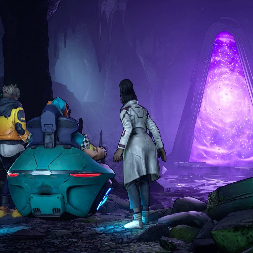 Octavio, Fran and Anu in front of the vault in New Tales From the Borderlands.