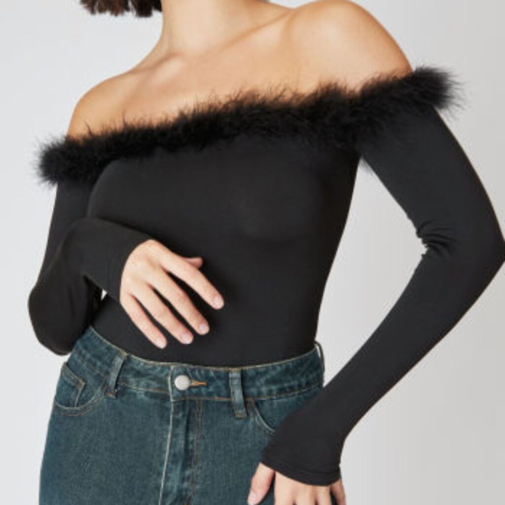 Cider Solid Off-shoulder Fluffy Knitted Bodysuit - Cold Shoulder Top
