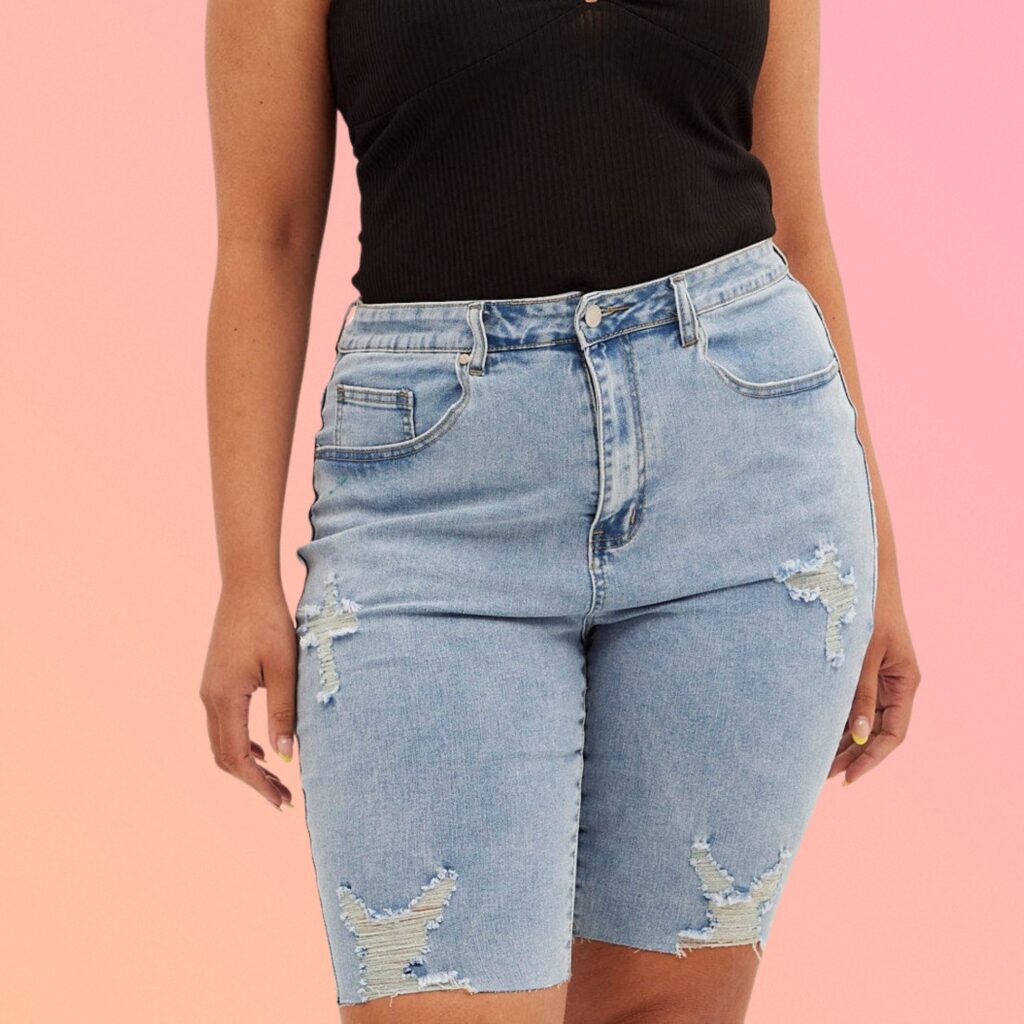 Blue Knee Length Denim Shorts - curve spring fashion